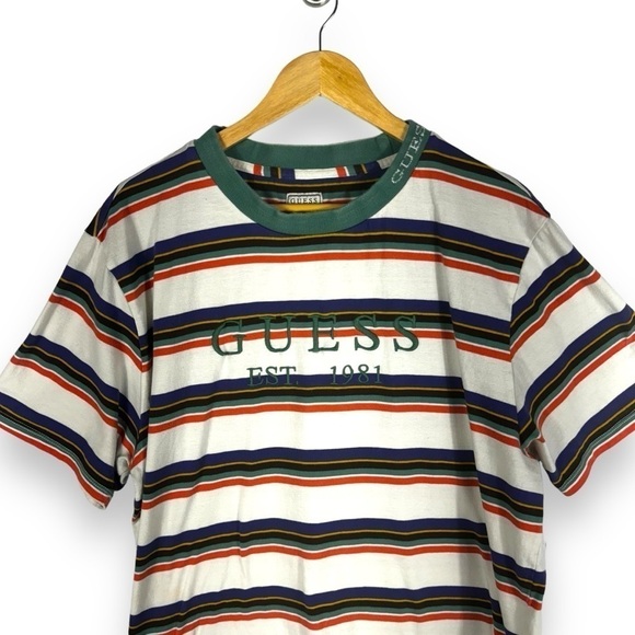 Guess Vintage 90s Embroidered Spell Out Striped Dylan Tee, Multicolor, Size L - Picture 2 of 12